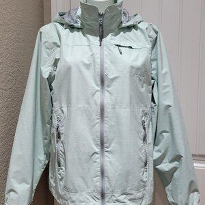 Eddie Bauer WeatherEDGE Jacket Sz LARGE Zip Stowable Hood Coat Mint Green NWOT